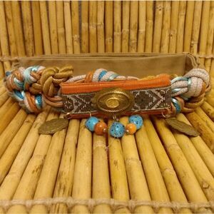 VINTAGE CAROLYN TANNER Boho Orange/Teal/Gold Hanging Beads Braided Velcro Belt